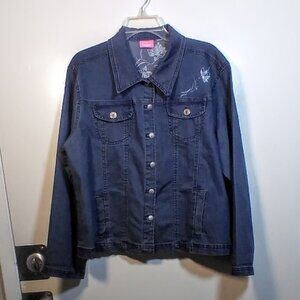 Cappagallo Blue Denim Jean Jacket Floral Embroidered Women Petite XLP